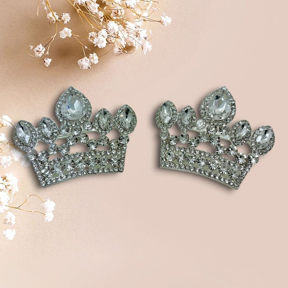 Two New Rhinestone Regal Crown Brooch Pin Silver Tone Sparkling Crystal Accents